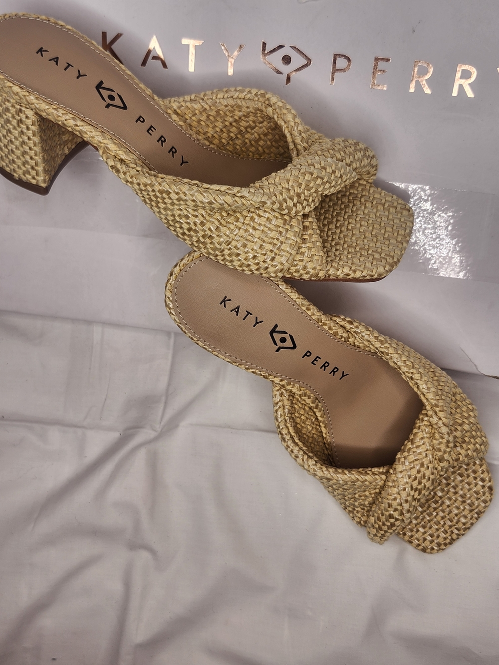 Katy Perry Collections Natural Woven Knot Slide Sandals in Beige